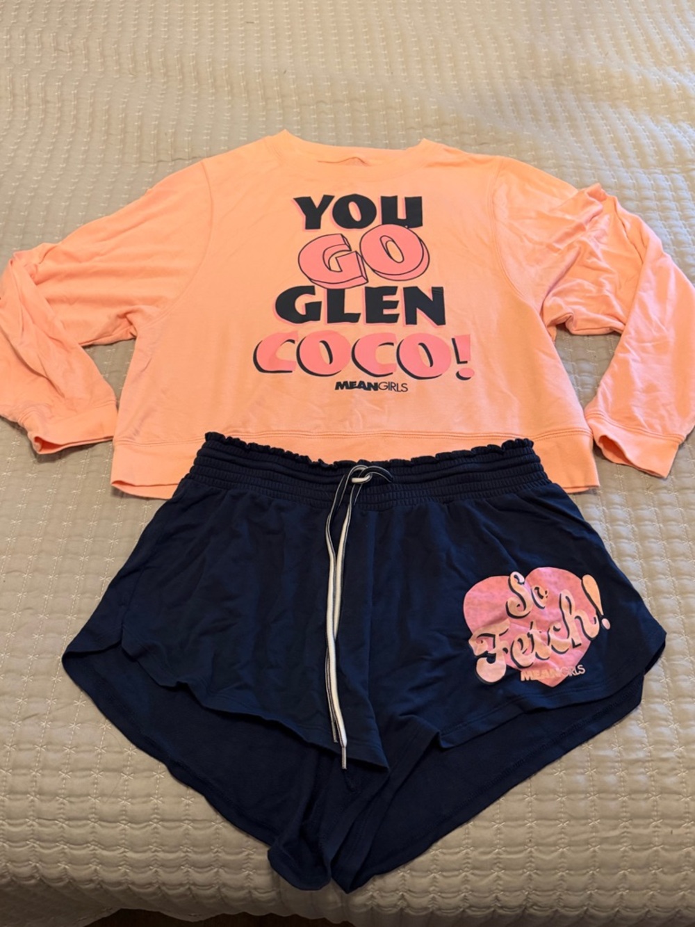 Mean Girls 'You Go Glen Coco' Peach Graphic Sweatshirt & Navy Shorts Set